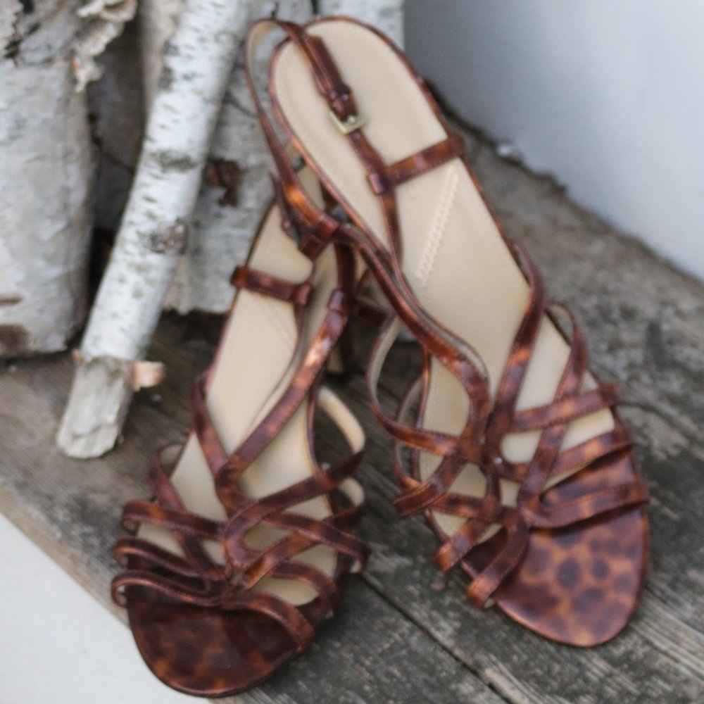 Tahari Brown Tortoise Patent Leather Strappy Open Toe Sandals Heels Sz 8